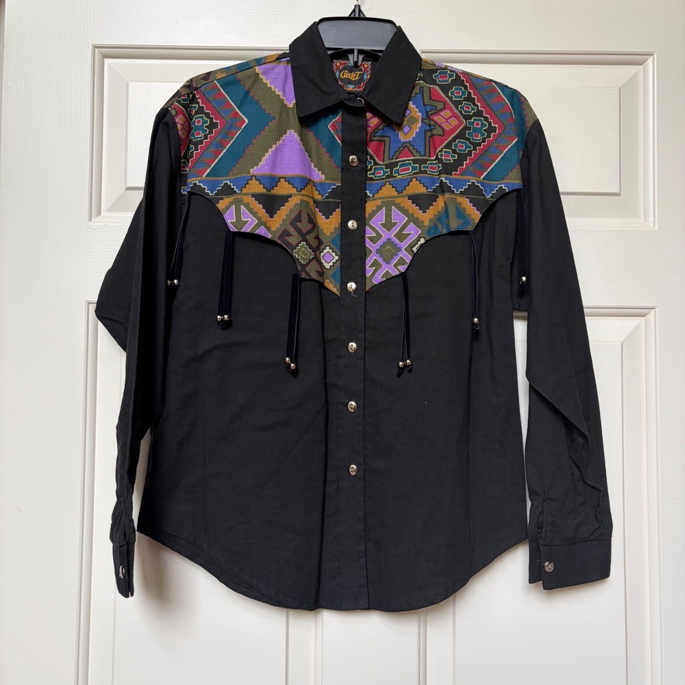 Circle T‎ Vintage Western Shirt Womens XS Black Southwestern Geometric Tassel